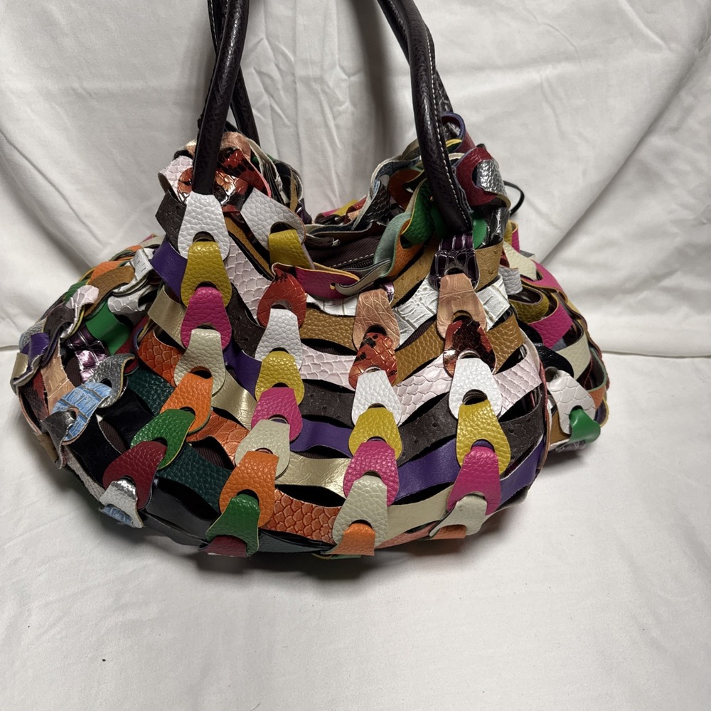 Vintage GG…ing Large Multicolored Hobo Bag W/Unique Woven Leather Links Y2K - Picture 4 of 10